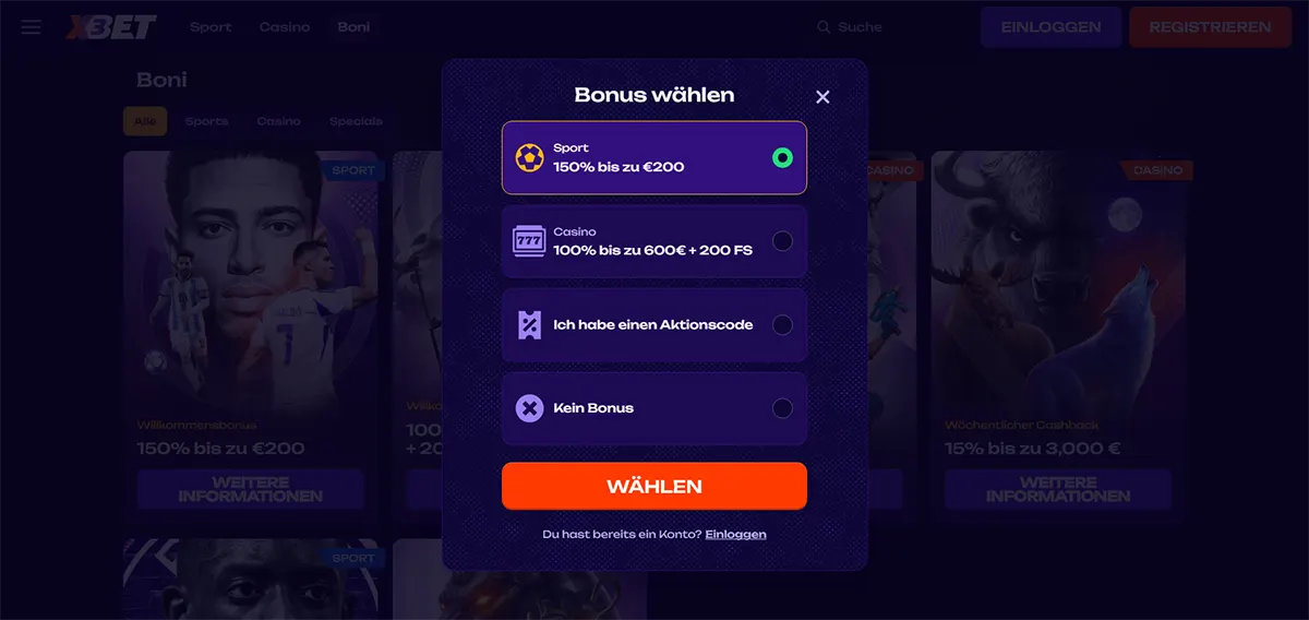 German welcome bonus selection popup showing options for sports bonus 150% up to €200, casino bonus 100% up to €600 with 200 free spins, promo code entry, and no bonus choice on a dark themed betting website